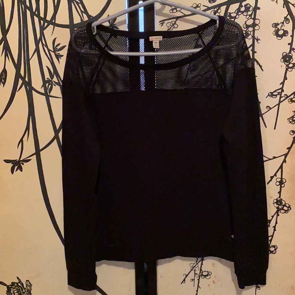 Guess Women’s Black Fishnet Detail French Terry Sweater Metallic Logo Sweatshirt